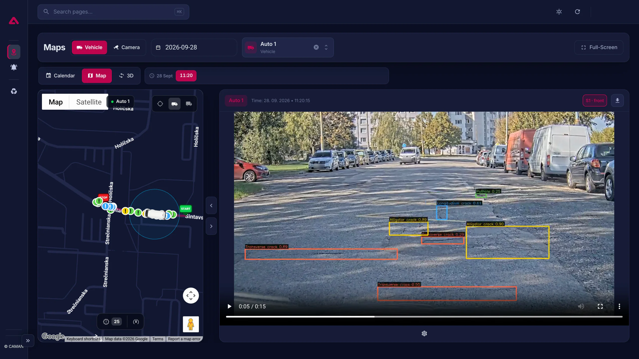 The CAMAN console replaying a drive on Šintavská, Bratislava: the vehicle on the map with the road damage it found pinned along the street, beside the front camera with alligator cracks, transverse cracks, a longitudinal crack and a pothole labelled