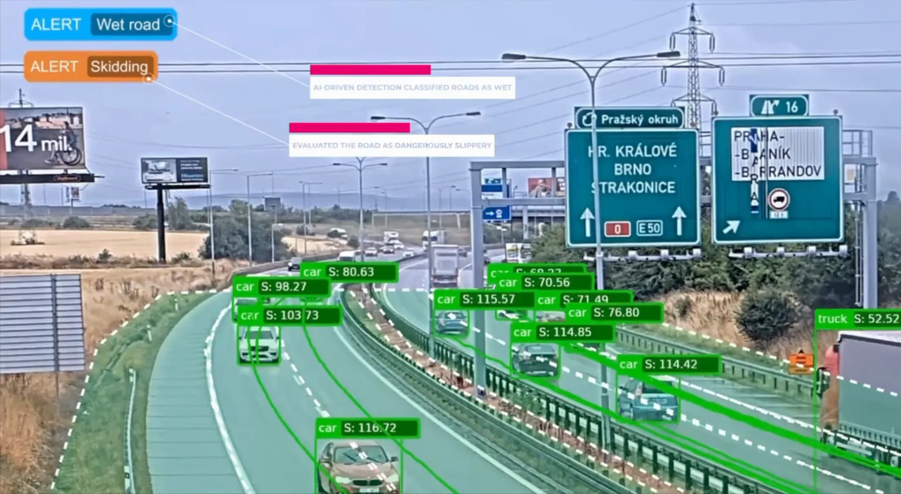 A camera view of the Prague ring road (D0) in the rain: cars and lorries detected and tracked, each with its estimated speed, the lanes marked as analysis zones, and alerts for a wet road and skidding