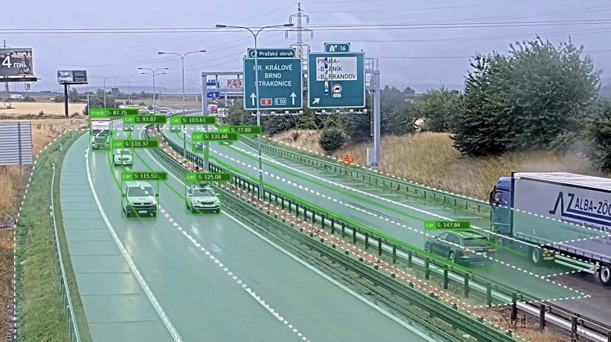 A camera view of the Prague ring road (D0): cars and lorries detected and tracked, the lanes marked as analysis zones